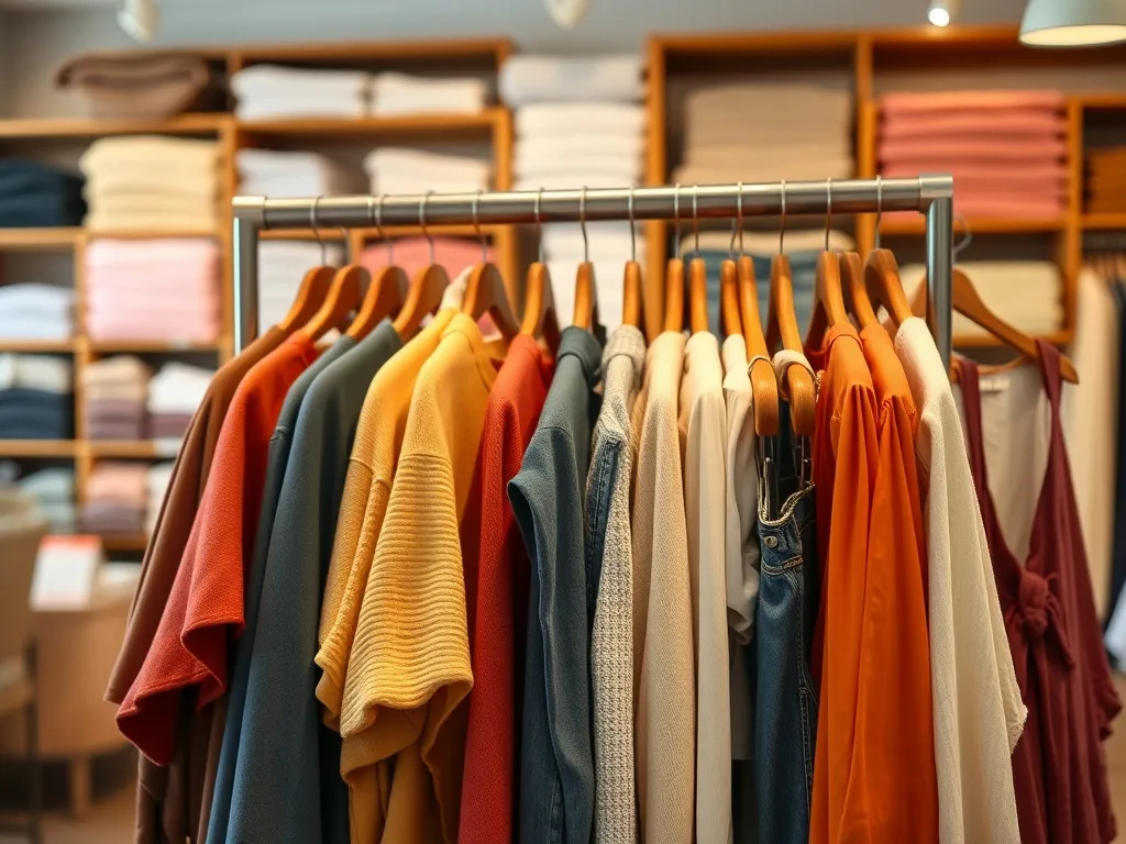 Wieszak z kolorowymi ubraniami plus size w przytulnym butiku, podkreślający modne i wygodne stylizacje w niskiej cenie.