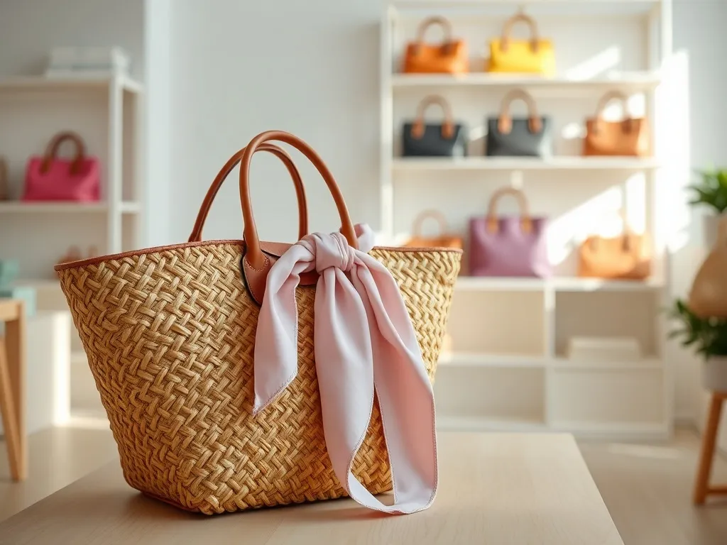 Słomiana torebka z apaszką na tle jasnego butiku, podkreślająca wiosenno-letnie trendy 2026 w dodatkach.
