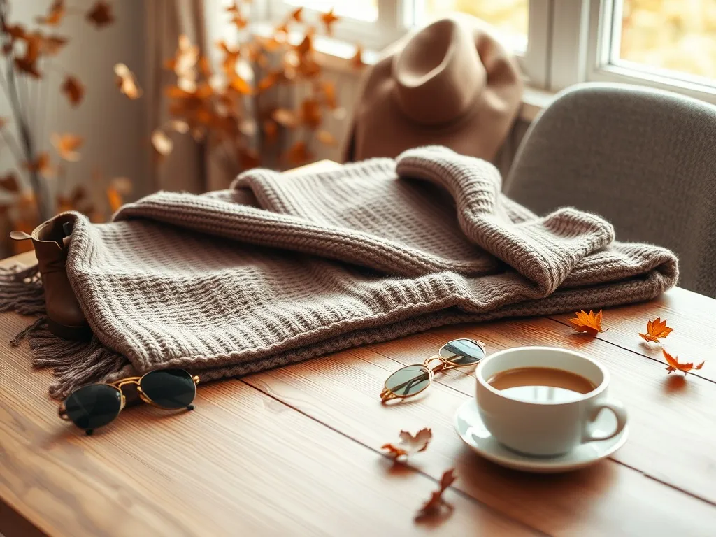 Jesienno-zimowy flat lay z oversize swetrem, szalikiem, botkami i dodatkami w ciepłych barwach, podkreślający sezonowe trendy.