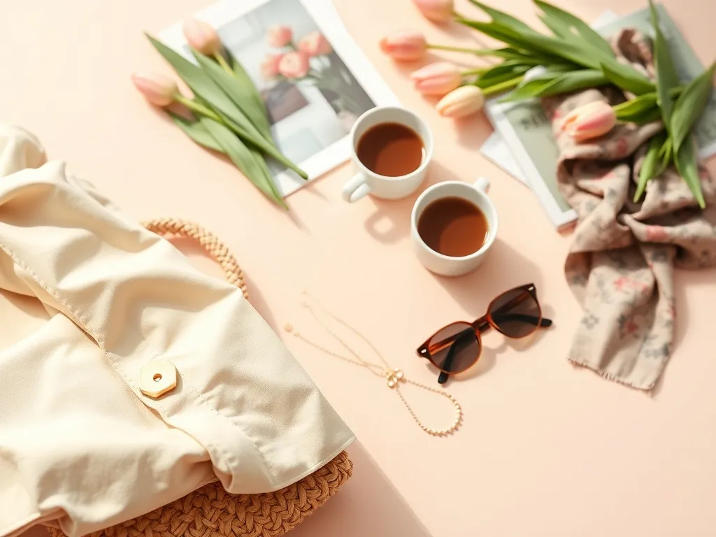 Minimalist flat lay wiosennych dodatków: trencz, pleciona torba, złota biżuteria, okulary, jedwabna apaszka, tulipany i kawa.