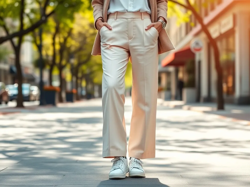 Stylowa kobieta w pastelowych, szerokich spodniach z nogawką wide-leg i białych sneakersach na wiosennym, miejskim chodniku.