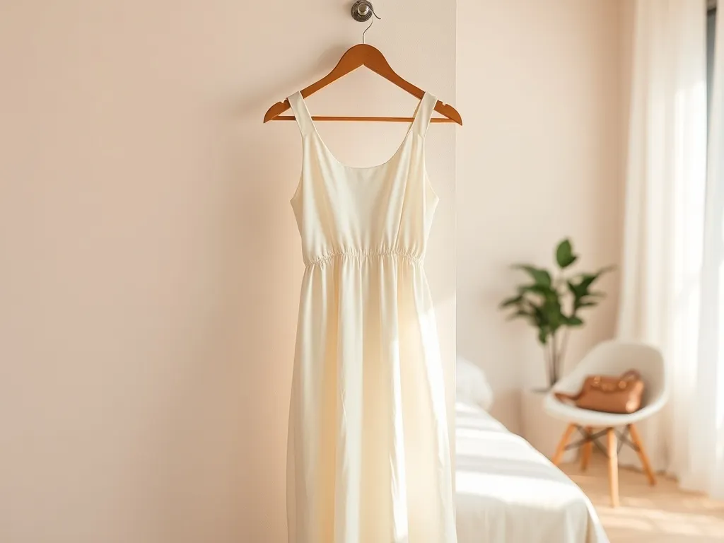 Jasna, zwiewna sukienka na wesele na wieszaku, w tle przytulna, minimalistyczna sypialnia w ciepłych barwach