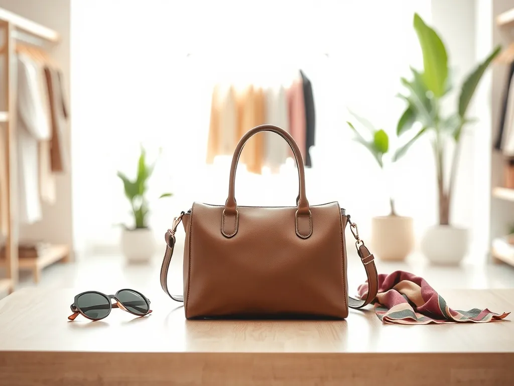 Elegancka torebka na stole z okularami i jedwabiem, w tle rozmyty, jasny butik – prezentacja modnego dodatku sezonu.