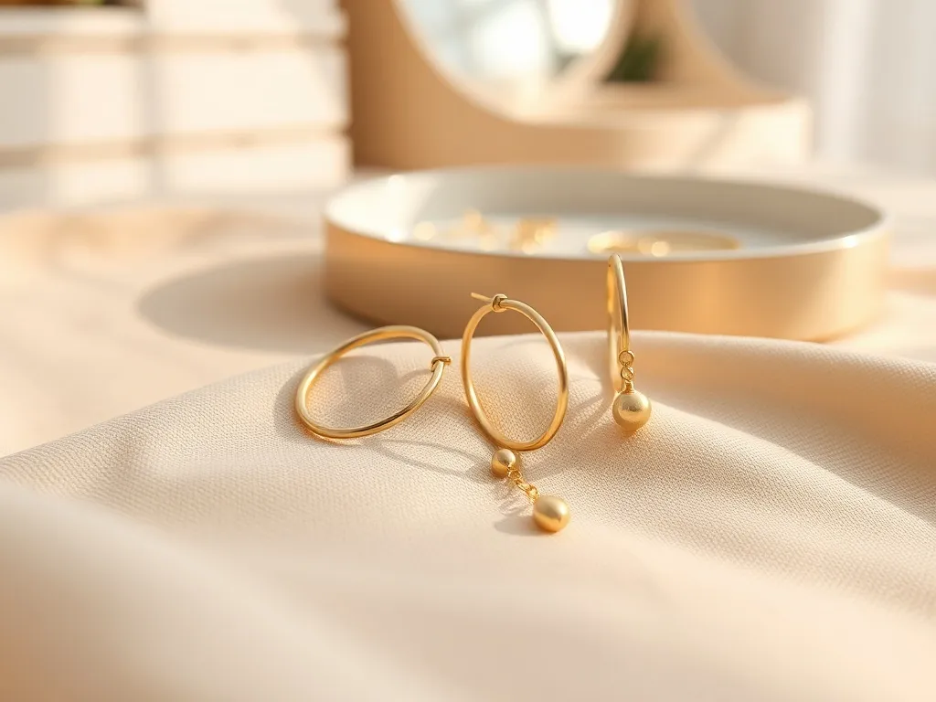 Zbliżenie złotych kolczyków na beżowej tkaninie, minimalistyczne kółka i delikatne wiszące wzory w ciepłym świetle.