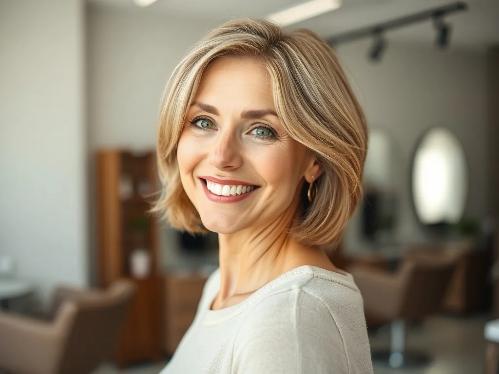 Uśmiechnięta dojrzała kobieta z odmładzającym krótkim bobem w nowoczesnym, jasno oświetlonym salonie fryzjerskim