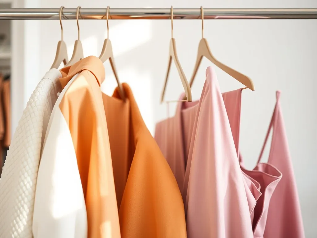 Pastelowe i wyraziste projekty Prady na wiosnę-lato wiszą na złotym wieszaku w jasnym, minimalistycznym butiku.