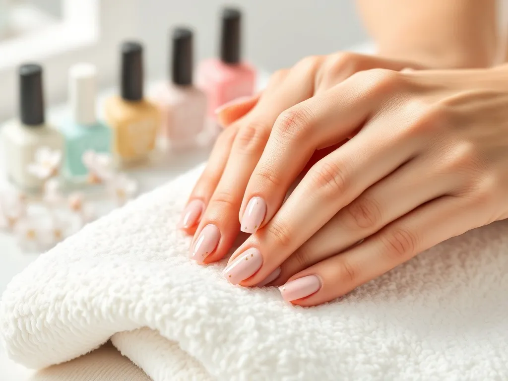 Dłonie z eleganckim manicure w pastelowych i wyrazistych kolorach, minimalistyczne kropki i linie, jasne salonowe tło.