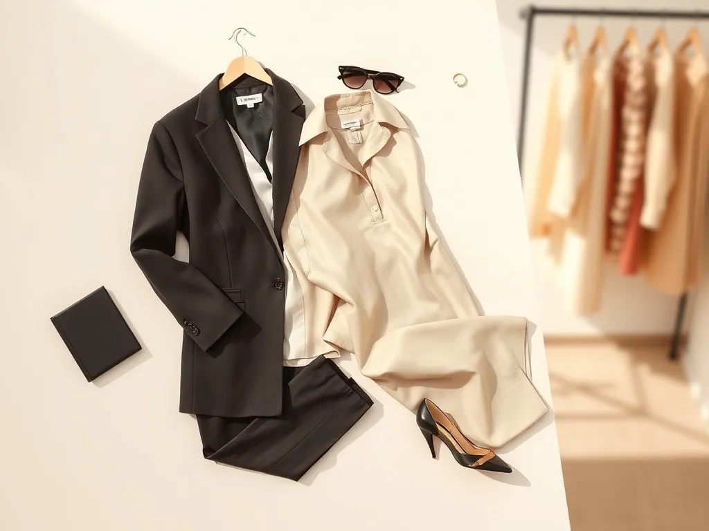 Minimalistyczny flat lay eleganckich ubrań w neutralnych barwach, ilustrujący modne, ponadczasowe trendy Vogue 2026