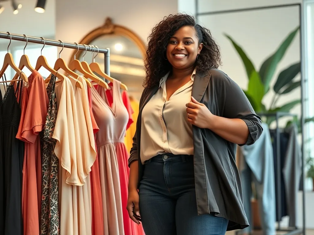 Pewna siebie kobieta plus size wybiera kolorowe ubrania na wieszaku w jasnym, przytulnym butiku z dużym lustrem i roślinami.