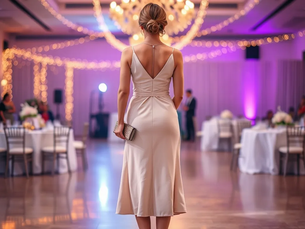 Elegancka kobieta w pastelowej sukience midi z kopertówką na weselnym parkiecie, w tle rozmyte światła i stoły z dekoracjami.