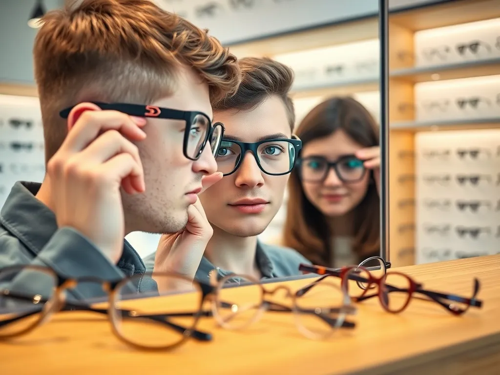 Młoda osoba przymierza modne oprawki okularów przed lustrem, na ladzie leżą różne kształty oprawek, wnętrze salonu optycznego.