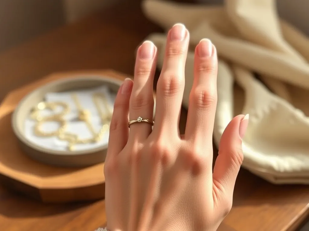 Dłoń kobiety z kilkoma modnymi pierścionkami w złocie i srebrze, na tle biżuterii w ciepłych, beżowych odcieniach