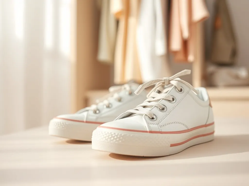 Stylowe damskie sneakersy w zbliżeniu na jasnym tle, z pastelową garderobą w tle, podkreślające modny, minimalistyczny styl