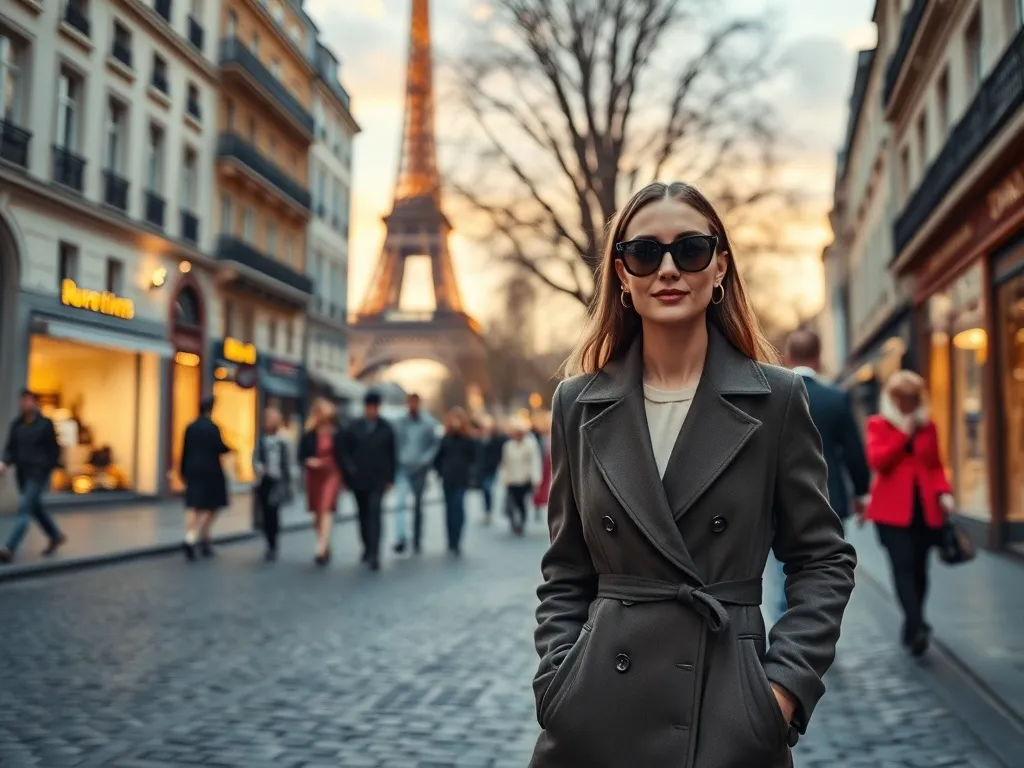 Elegancka paryska ulica podczas Tygodnia Mody, stylowo ubrani przechodnie, w tle wieczorne światła i zarys Wieży Eiffla.