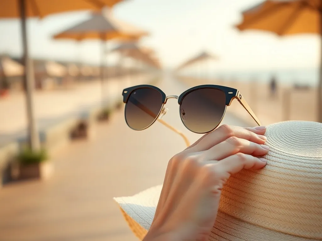 Kobieca dłoń trzyma modne okulary przeciwsłoneczne na letnim kapeluszu, w tle rozmyty, słoneczny deptak nadmorski.