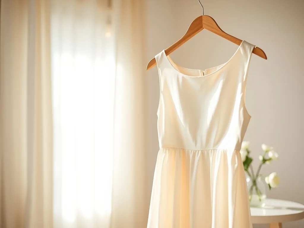 Elegancka pastelowa sukienka komunijna na wieszaku obok wazonu z białymi kwiatami w jasnym, spokojnym wnętrzu.
