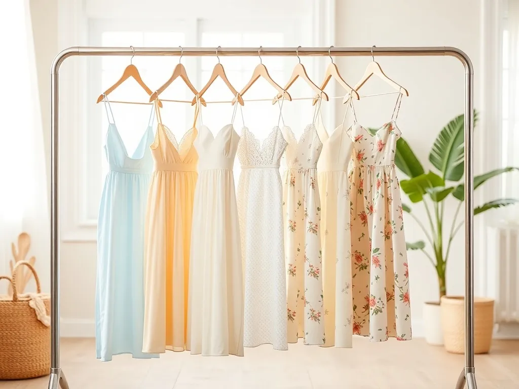 Letnie sukienki w modnych kolorach wiszą na wieszaku w jasnym, minimalistycznym wnętrzu o wakacyjnym klimacie.