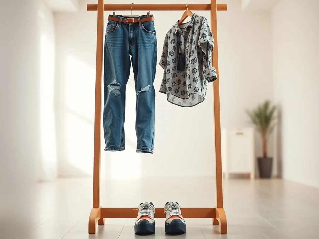 Stojak z niemodnymi ubraniami i butami w jasnym, minimalistycznym wnętrzu, symbolizujący modowe anty‑trendy.