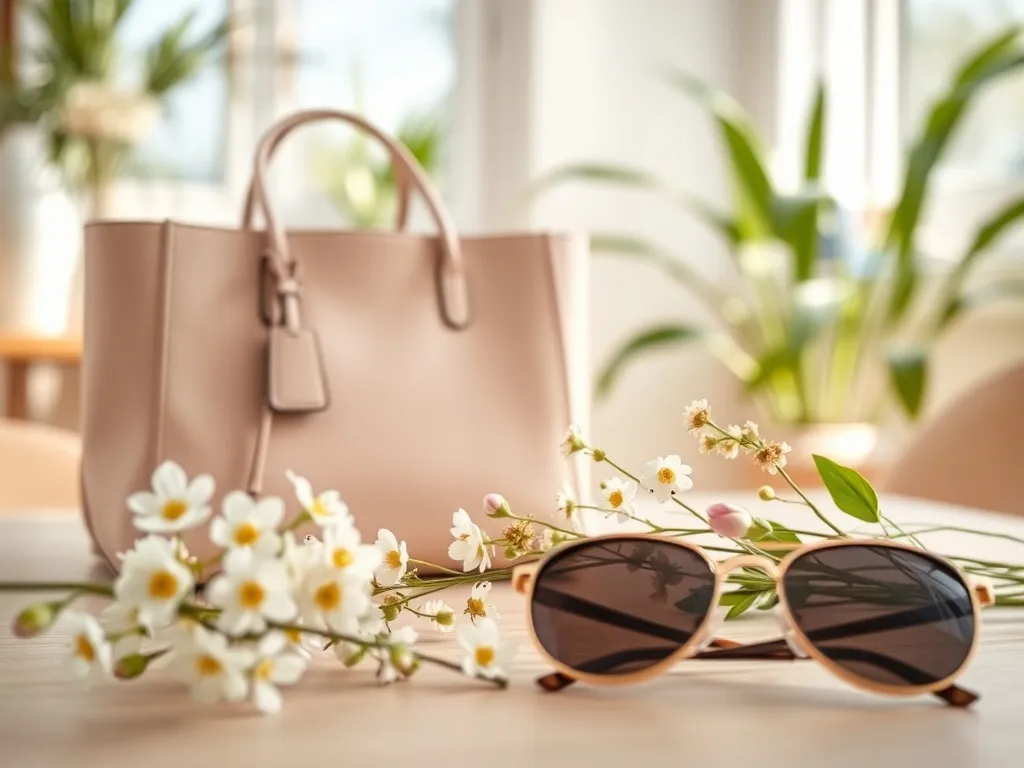 Pastelowa torebka wiosenna na tle kwiatów i okularów przeciwsłonecznych, w jasnym, słonecznym wnętrzu o lekkim, świeżym klimacie.