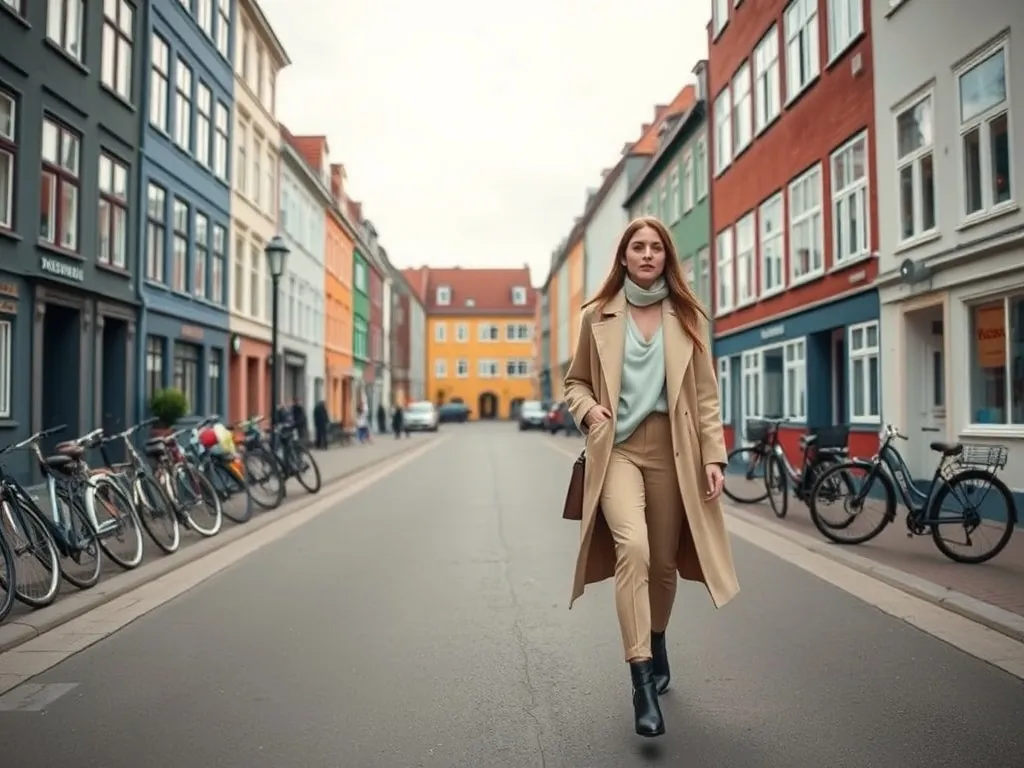 Stylowa osoba w warstwowym, skandynawskim stroju idzie kopenhaską ulicą, w tle kolorowe kamienice i rowery.