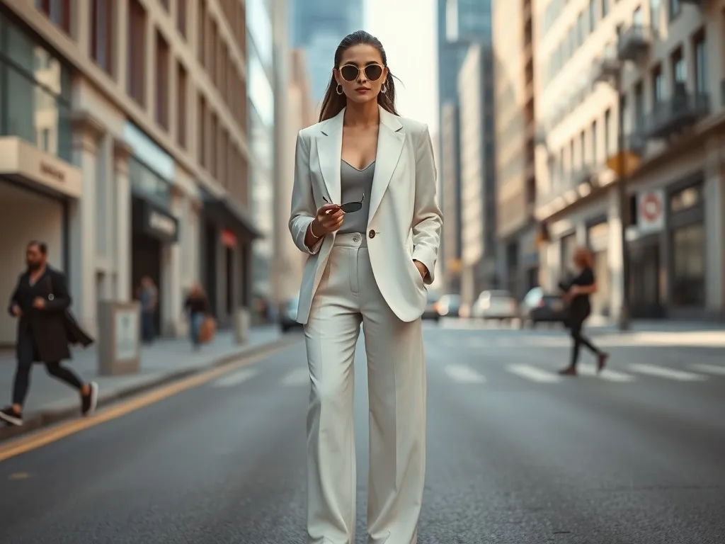 Kobieta w pastelowym garniturze na słonecznej ulicy, prezentuje minimalistyczną, modną stylizację na sezon wiosna–lato 2026.