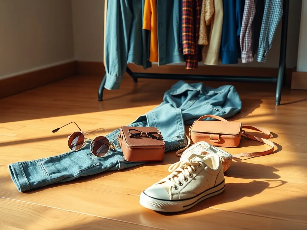 Stylowy flat lay z retro ubraniami i dodatkami, podkreślający powrót mody vintage i ponadczasowych trendów.