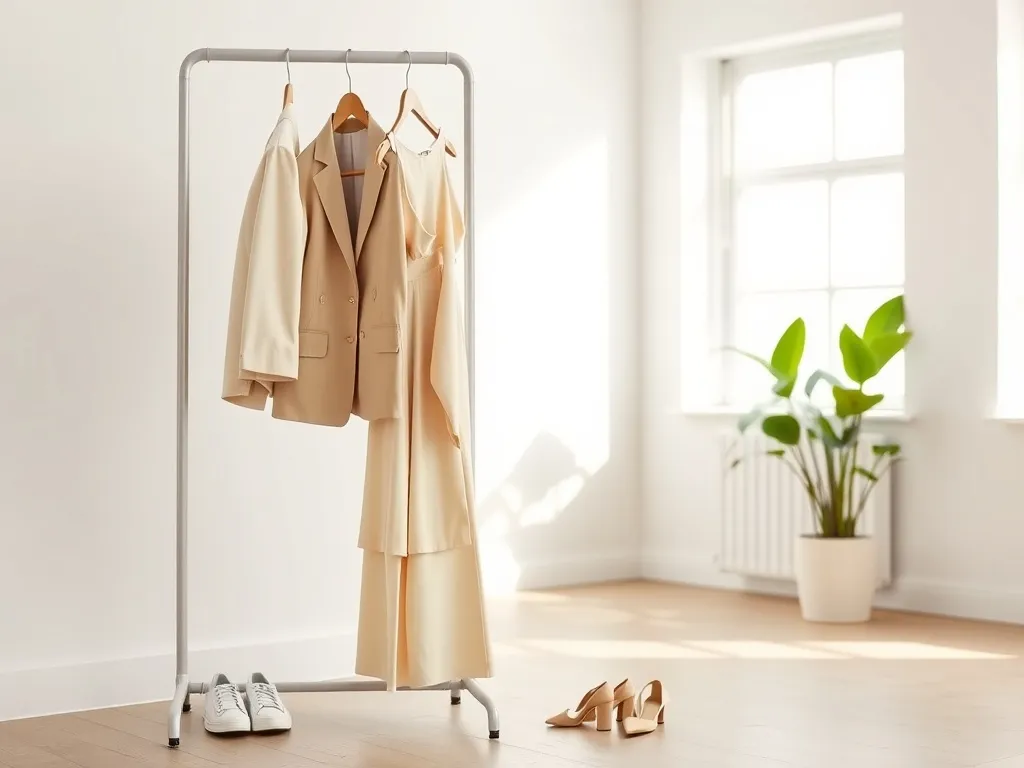 Minimalistyczny stojak z modnymi ubraniami w pastelach i neutralach w jasnym, nowoczesnym wnętrzu, zapowiedź nadchodzących trendów.