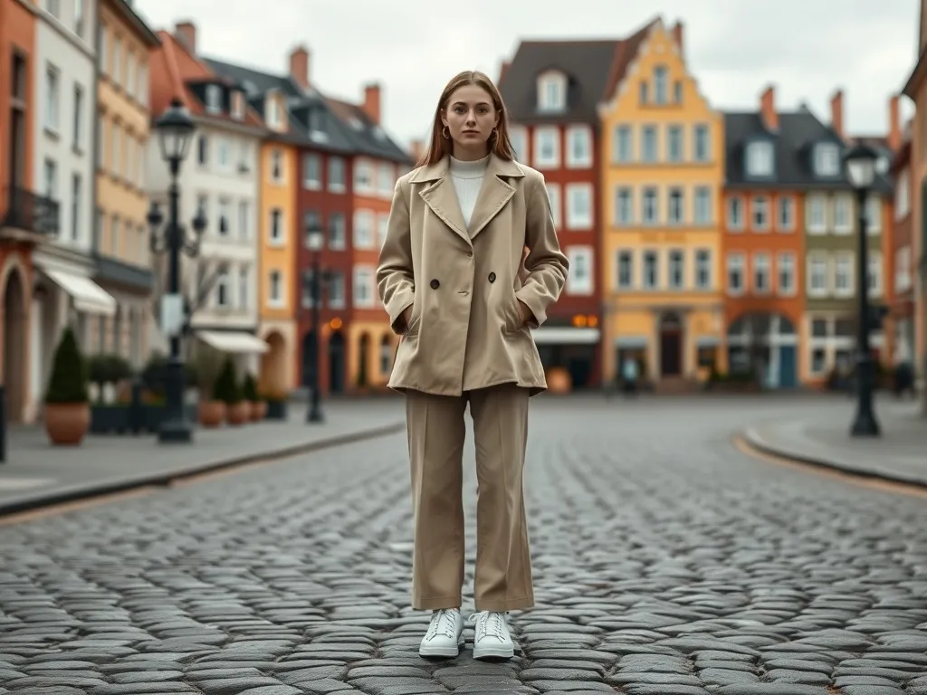 Stylowa osoba w beżowym płaszczu i szerokich spodniach na brukowanej ulicy, prezentująca minimalistyczny polski trend modowy.