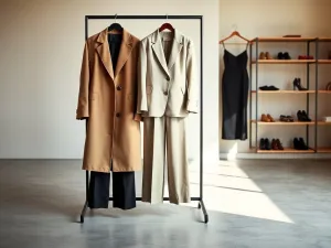 Minimalistyczny stojak z wyselekcjonowanymi, modnymi ubraniami w neutralnych i wyrazistych kolorach, zapowiedź nadchodzących trendów.