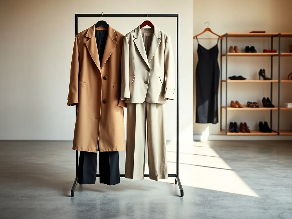 Minimalistyczny stojak z wyselekcjonowanymi, modnymi ubraniami w neutralnych i wyrazistych kolorach, zapowiedź nadchodzących trendów.