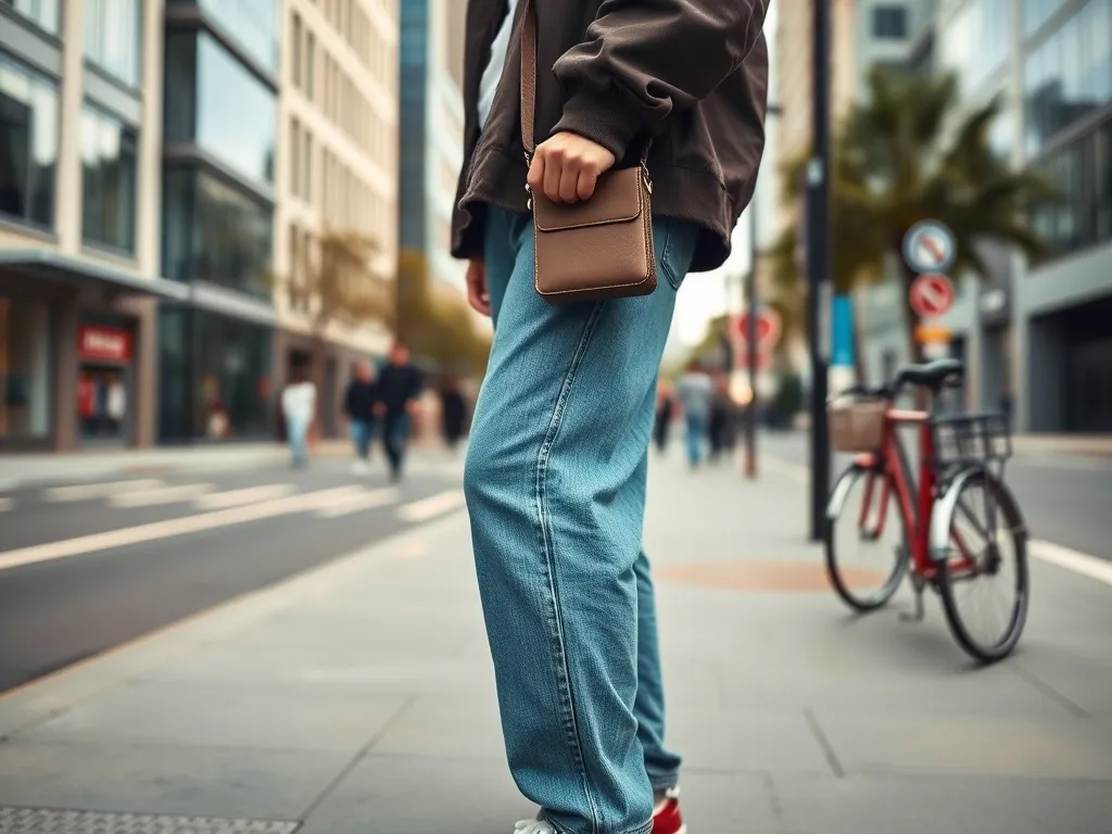 Stylowa osoba w oversize kurtce, luźnych jeansach i masywnych sneakersach prezentuje współczesny streetwear na miejskim chodniku.