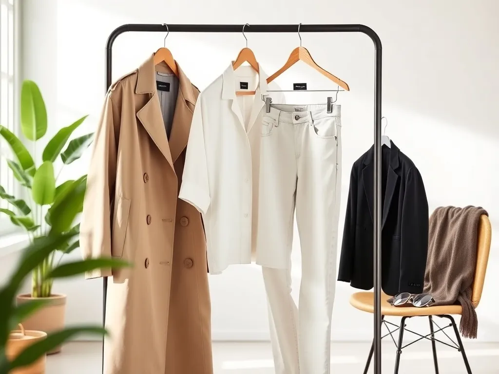 Minimalistyczny stojak z modnymi basicami w neutralnych kolorach w jasnym, eleganckim wnętrzu – esencja współczesnych trendów.