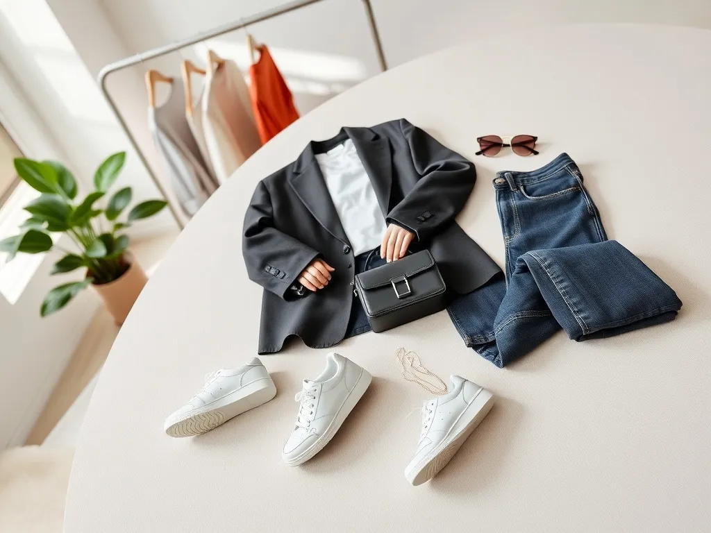 Minimalistyczny flat lay modnych ubrań i dodatków, prezentujący aktualne trendy i nowoczesny, ponadczasowy styl