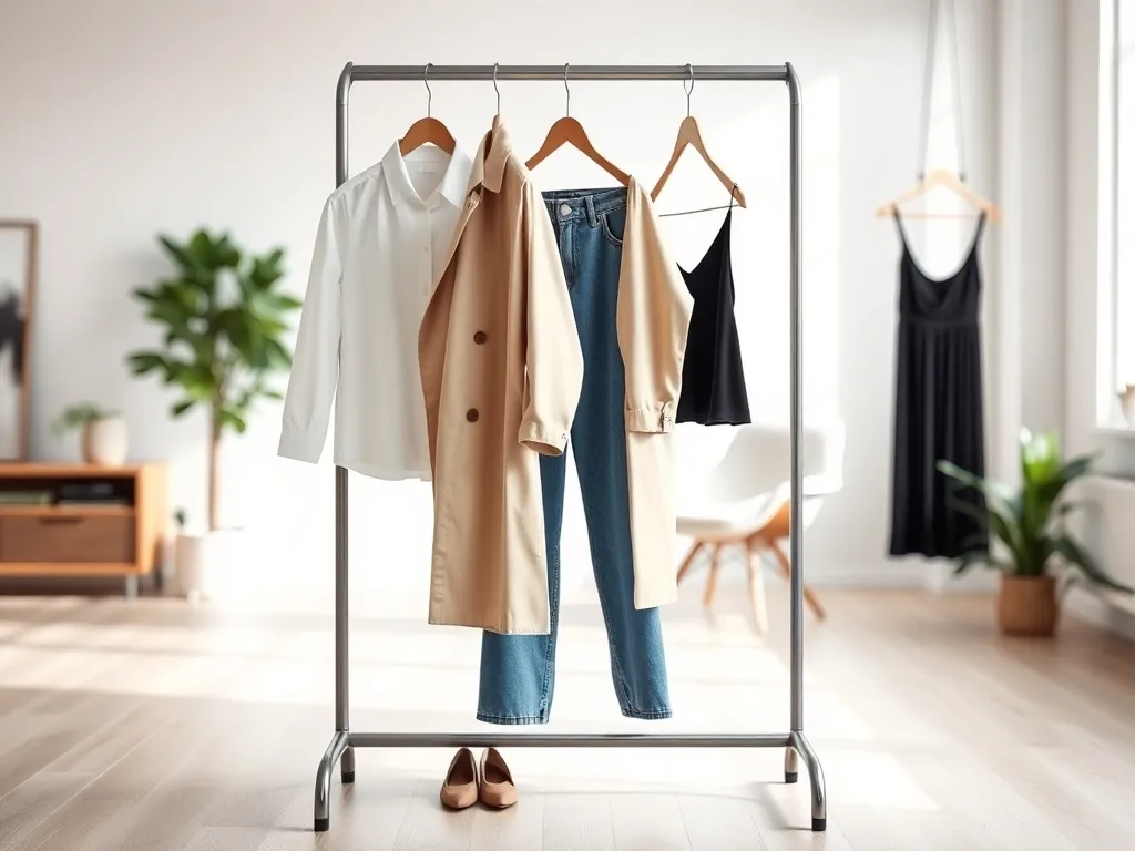 Minimalistyczny stojak z ponadczasowymi ubraniami i butami, w jasnym, eleganckim wnętrzu jako inspiracja modowych stylizacji
