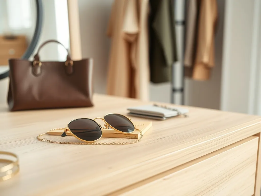 Minimalistyczna toaletka z modnymi dodatkami w neutralnych barwach, podkreślająca aktualne trendy w akcesoriach.
