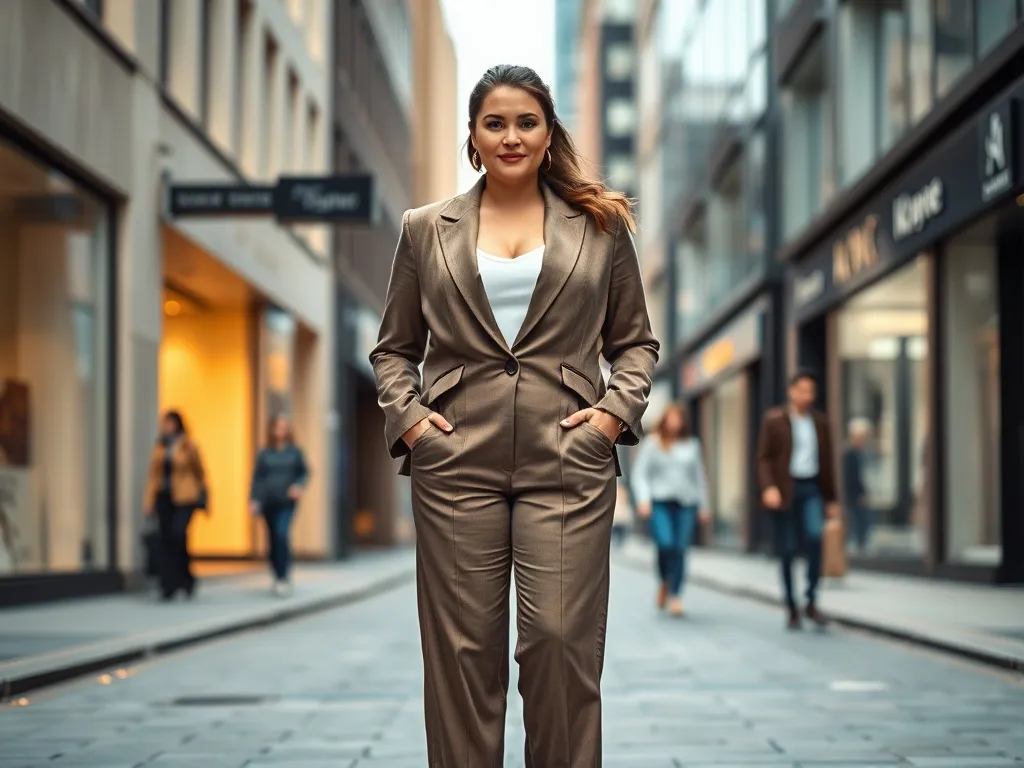 Pewna siebie kobieta plus size w modnym garniturze na miejskiej ulicy, prezentująca elegancki look w stylu plus size.