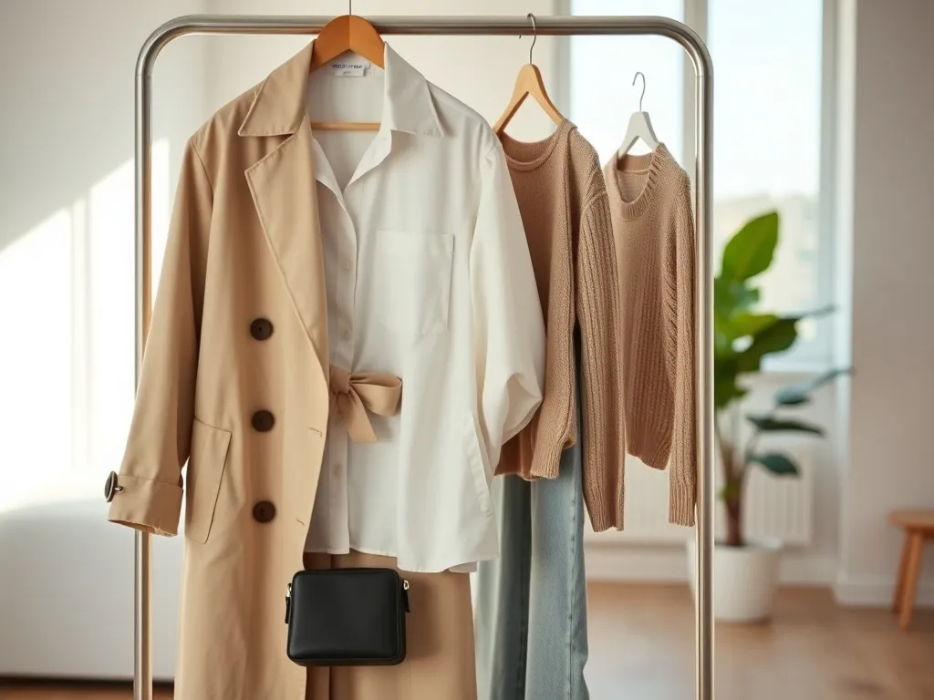 Minimalistyczny stojak z ponadczasowymi ubraniami w neutralnych kolorach, wpisującymi się w aktualne światowe trendy modowe.