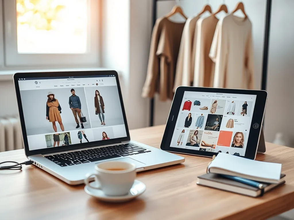 Minimalistyczne biurko z laptopem i tabletem przeglądającymi trendy modowe, na tle wieszaka z ubraniami w neutralnych kolorach.