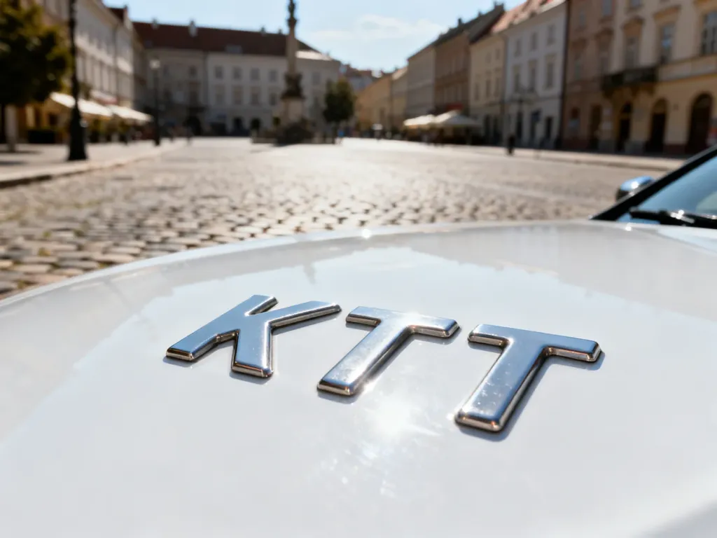 Nowoczesna tablica rejestracyjna z wyróżnikiem KTT na tle zabytkowego polskiego rynku.
