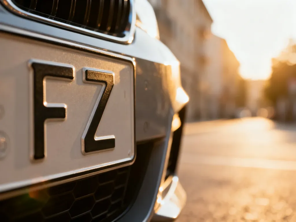 Zbliżenie na tablicę rejestracyjną z wyróżnikiem „FZ” na tle rozmytej miejskiej ulicy.