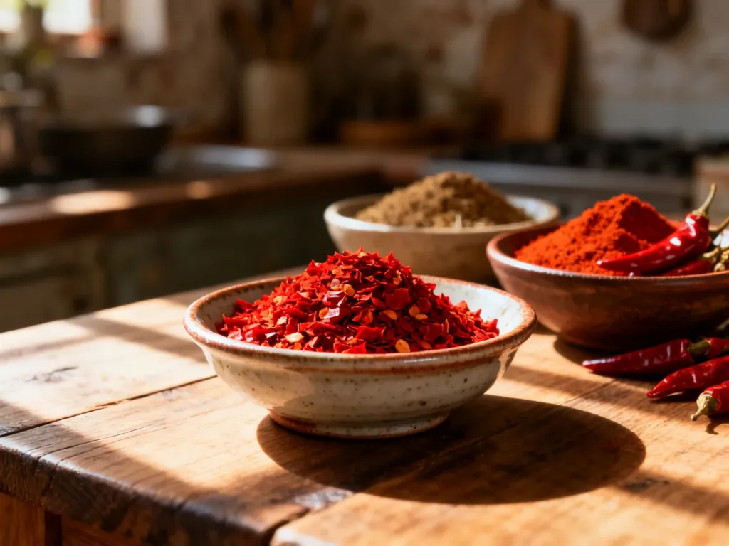 Miseczki z płatkami chili, wędzoną papryką i pieprzem cayenne na drewnianym stole w słonecznej kuchni.