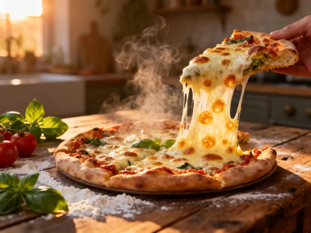 Apetyczna pizza wegańska z ciągnącym się serem roślinnym na rustykalnym stole w przytulnej kuchni.
