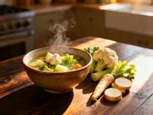 Suszone ziarna pieprzu syczuańskiego w drewnianej miseczce oraz moździerz z przyprawami na kuchennym blacie.