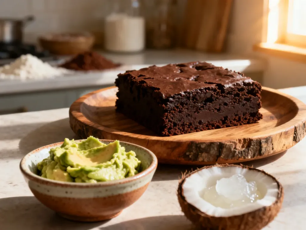 Wilgotne brownie na drewnianym talerzu w towarzystwie awokado i oleju kokosowego, które mogą zastąpić masło w wypiekach.