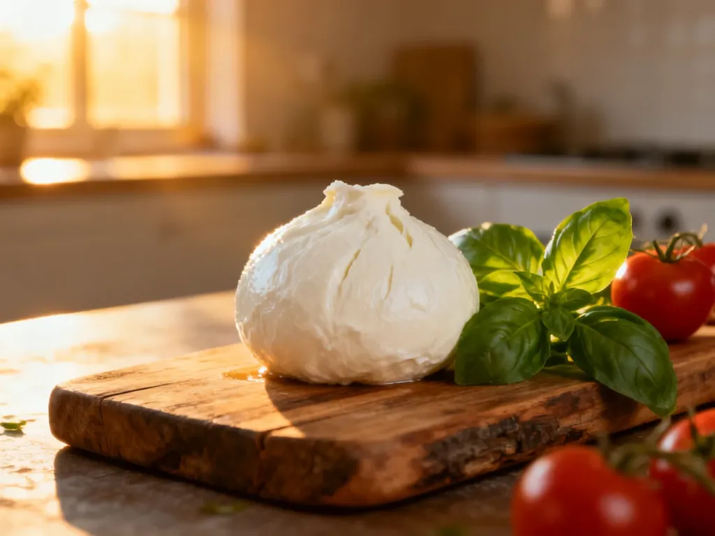 Wegańska kulka mozzarelli na drewnianej desce z bazylią i pomidorkami koktajlowymi w słonecznej kuchni.