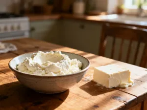 Drewniana miska z surową kaszą jaglaną i pęczakiem na kuchennym stole, prezentująca zdrowe alternatywy dla komosy ryżowej.