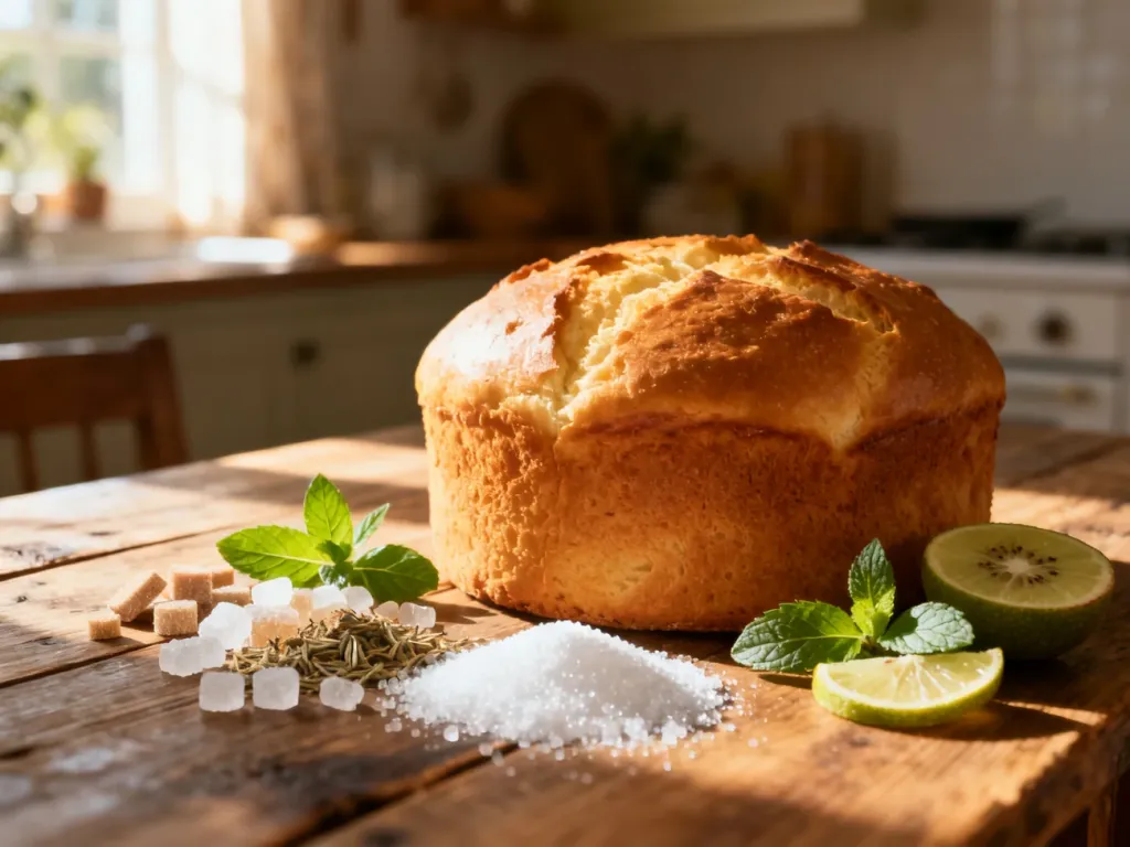 Świeże ciasto drożdżowe na drewnianym stole w otoczeniu naturalnych zamienników cukru, takich jak erytrytol i stewia.