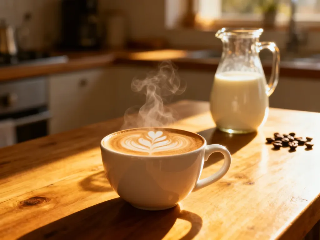 Filiżanka kawy z latte art na drewnianym stole, obok dzbanek z napojem owsianym w słonecznej kuchni.