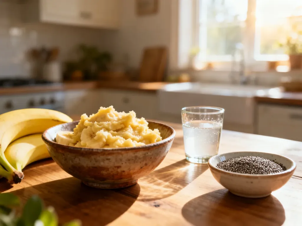 Składniki roślinne zastępujące jajka: rozgniecione banany, aquafaba i nasiona chia na drewnianym stole kuchennym.