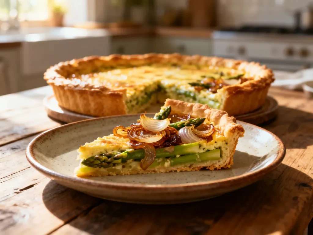 Złocista tarta z szalotką, cebulą i szparagami na drewnianym stole, prezentująca idealne zamienniki pora w quiche.